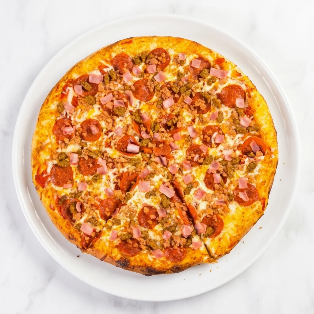 Meatlovers Pizza piled high with pepperoni, ham, bacon, beef and Italian sausage at Flamora Pizza in Red Deer, AB