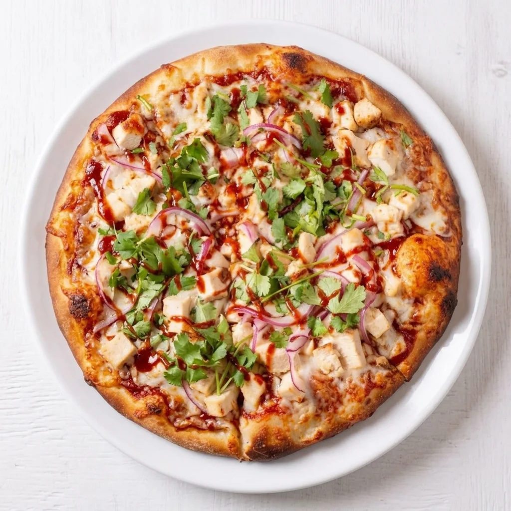BBQ Chicken Pizza with smoky BBQ sauce, chicken, bacon and red onion at Flamora Pizza in Red Deer, AB