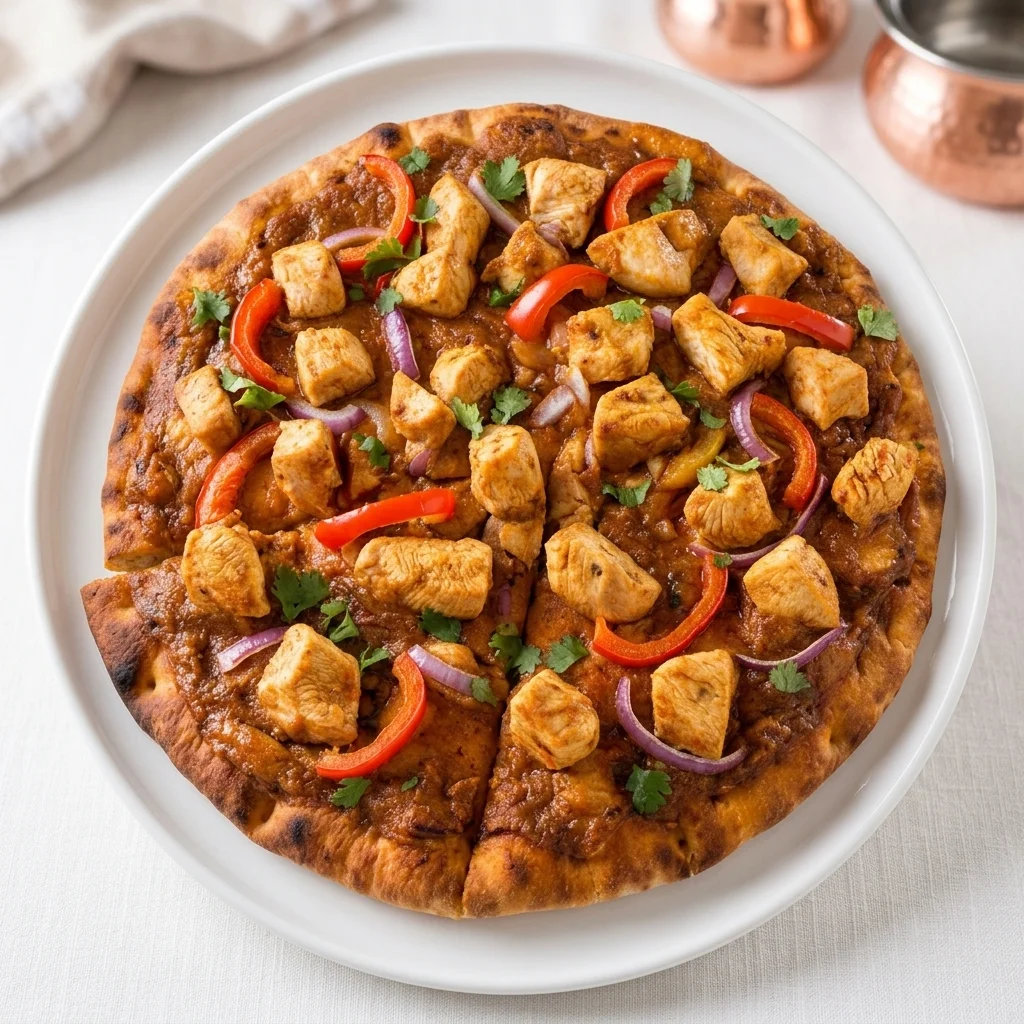 Butter Chicken Pizza with creamy butter chicken sauce, chicken, onions and tomatoes at Flamora Pizza in Red Deer, AB