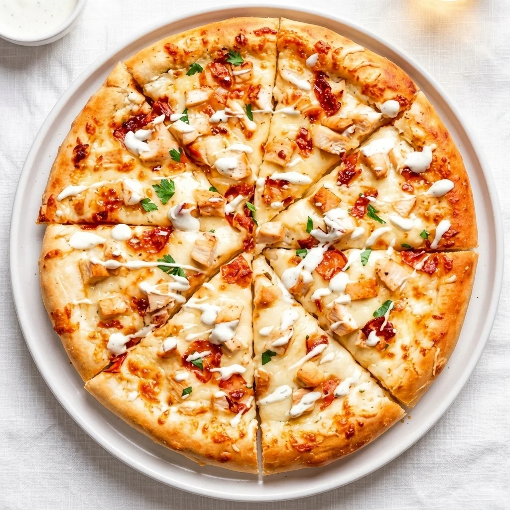 Chicken Bacon Ranch Pizza with ranch sauce, chicken, crispy bacon and mushrooms at Flamora Pizza in Red Deer, AB