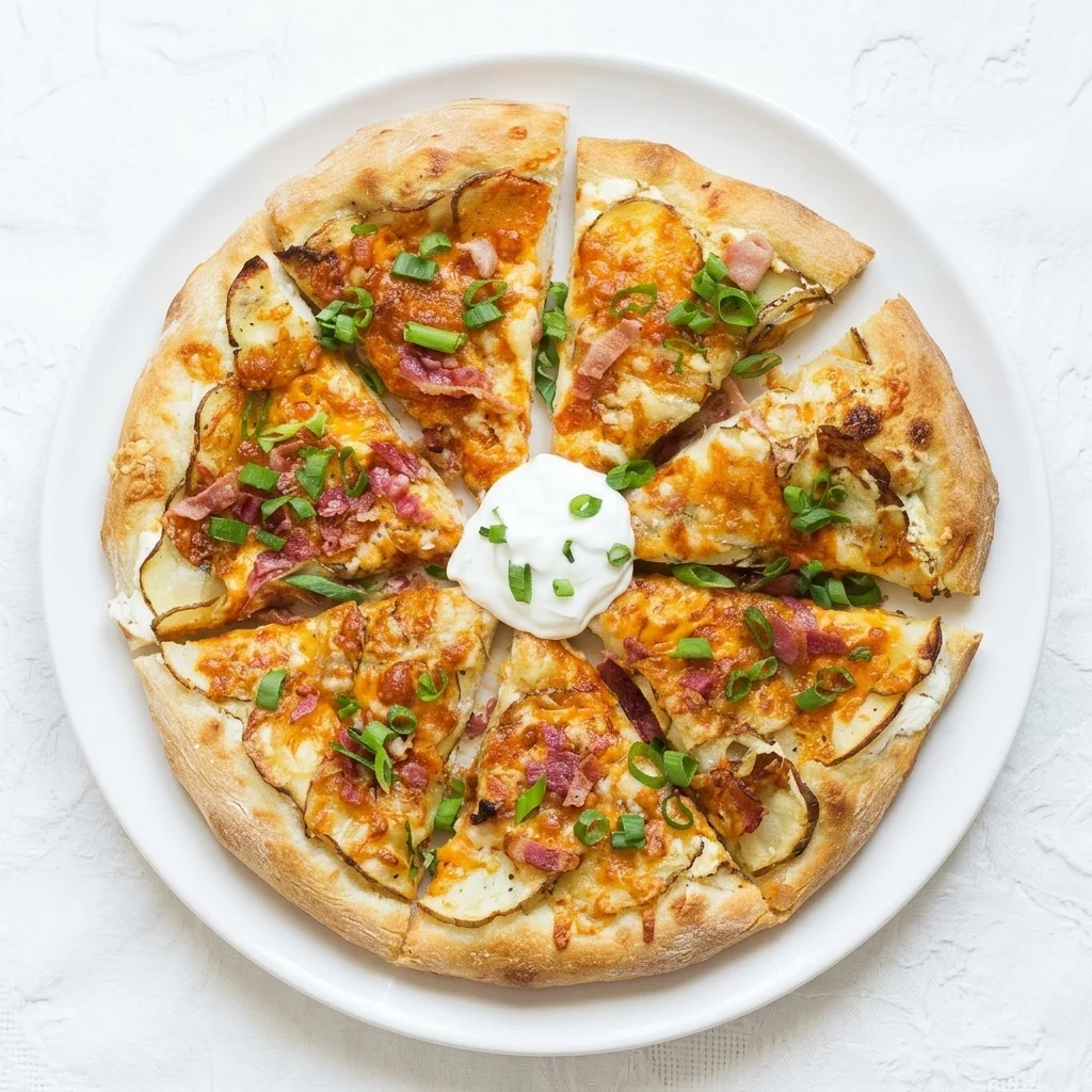 Spicy Perogy Pizza with potato wedges, Italian sausage, bacon, jalapeño, sour cream and cheddar at Flamora Pizza in Red Deer, AB