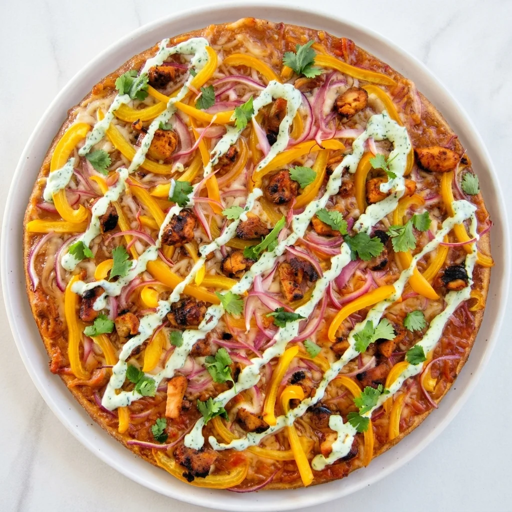 Tandoori Chicken Pizza with marinated tandoori chicken, garlic, ginger, jalapeño and cilantro at Flamora Pizza in Red Deer, AB
